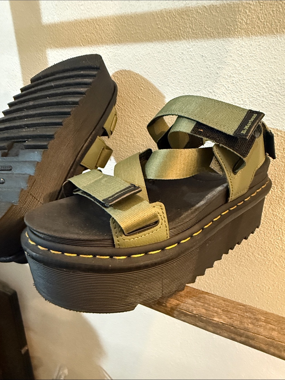 Dr. Martens Olive Strappy Platform Sandals with Yellow Stitching - Picture 6 of 12